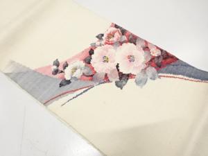 渡文製　手織り真綿紬　椿模様織り出し　名古屋帯